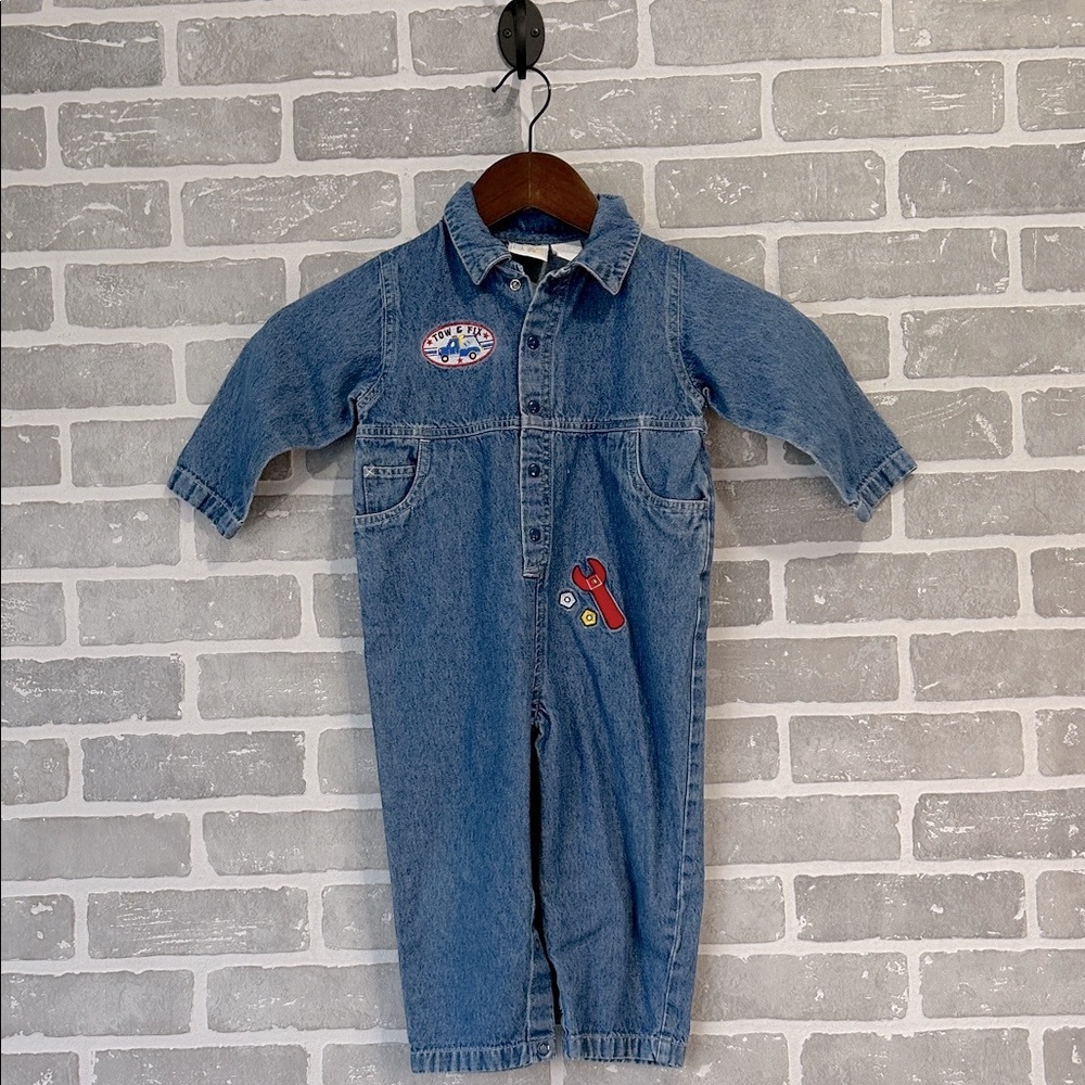 Vtg Cuddle Bear Denim Long One Piece‎ Boys Outfit "Tow and Fix" Size 24 Months